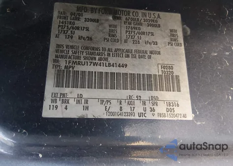 2001 Ford Expedition Eddie Bauer z USA, uszkodzony, nr VIN 1FMRU17W41LB41449